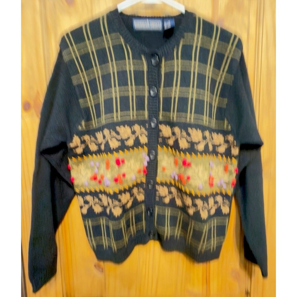 Vintage Herman Geist Cardigan Sweater M Floral Embroidered Plaid Ramie 90